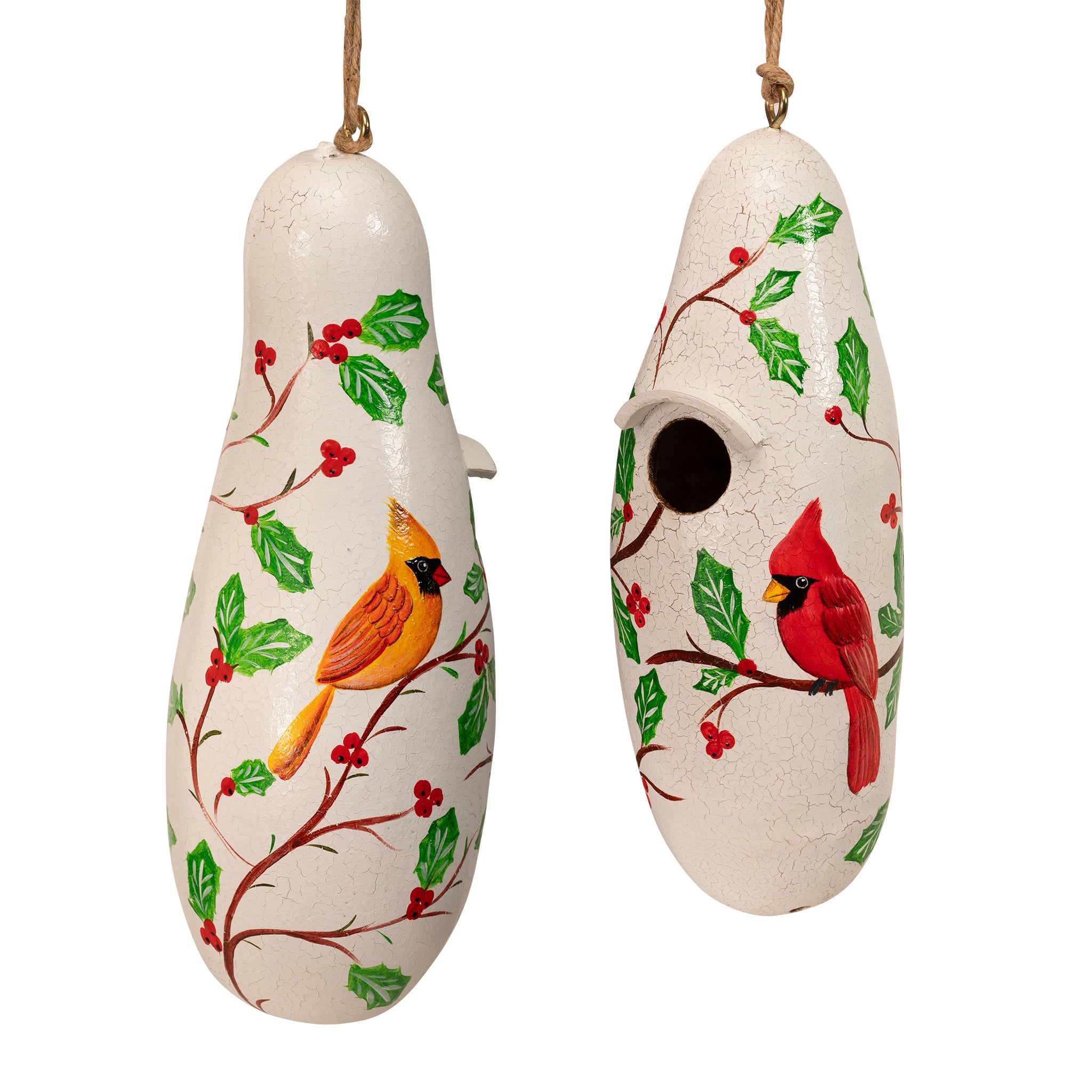 Winter Cardinal Pair - Painted Gourd Birdhouse
