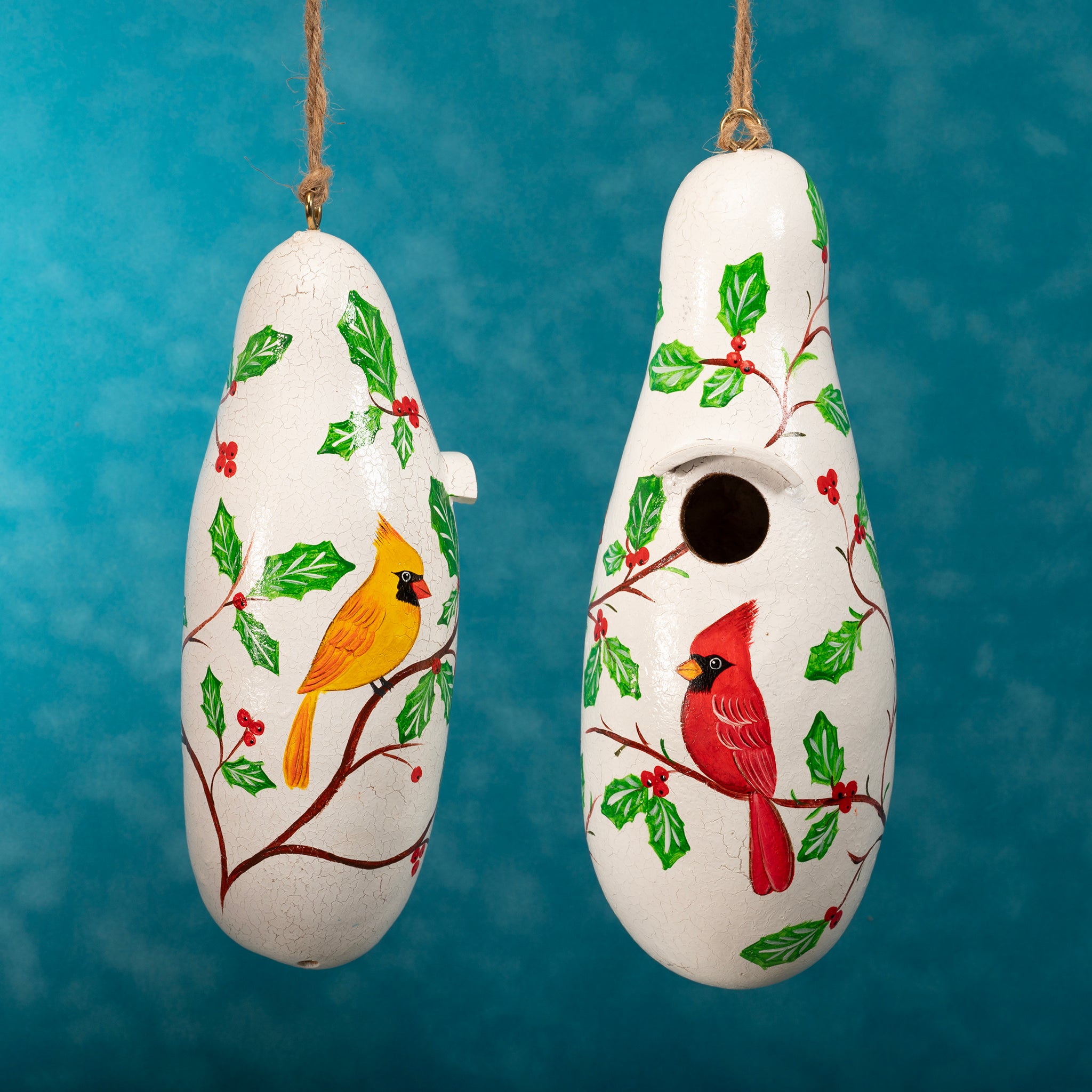 Winter Cardinal Pair - Painted Gourd Birdhouse