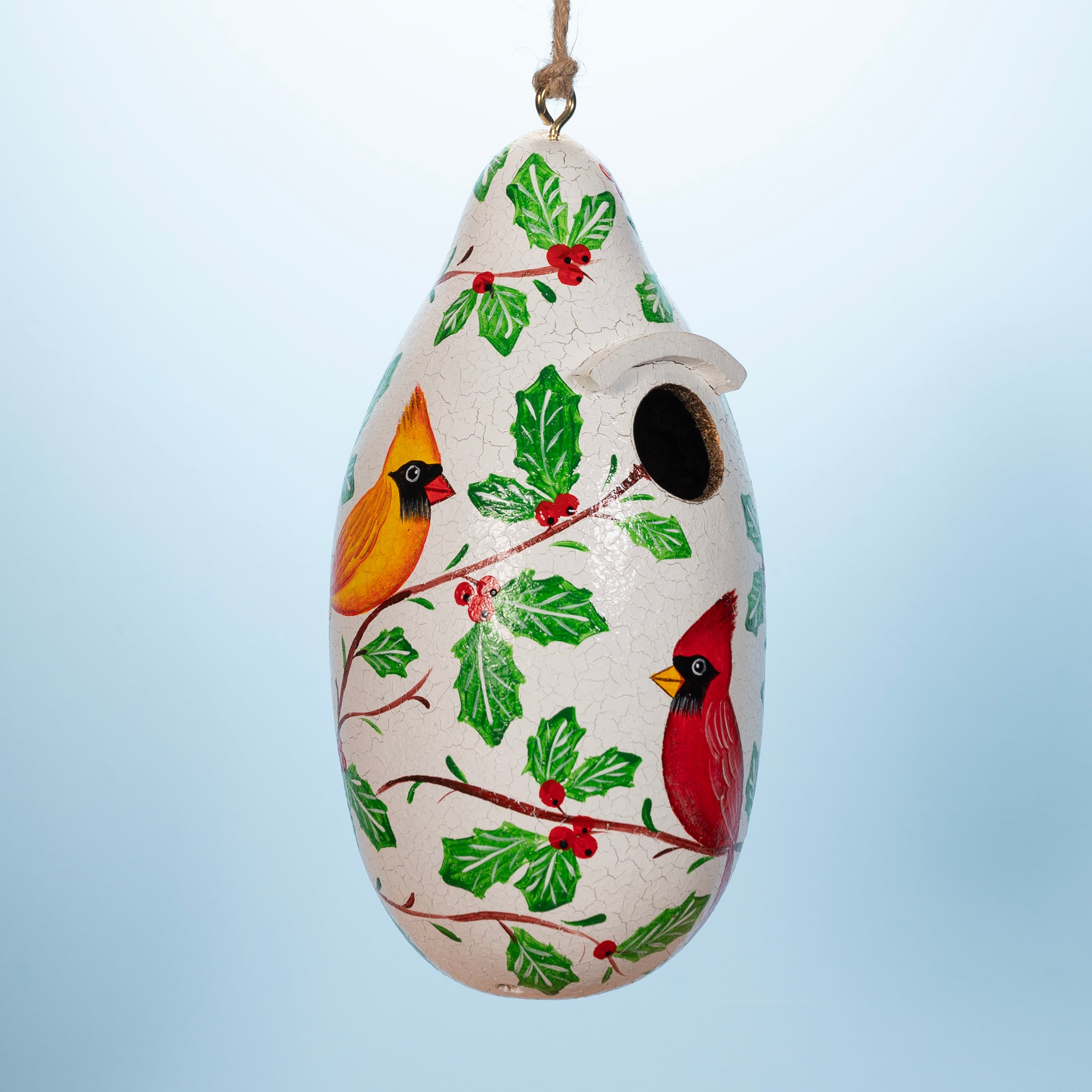 Winter Cardinal Pair - Painted Gourd Birdhouse