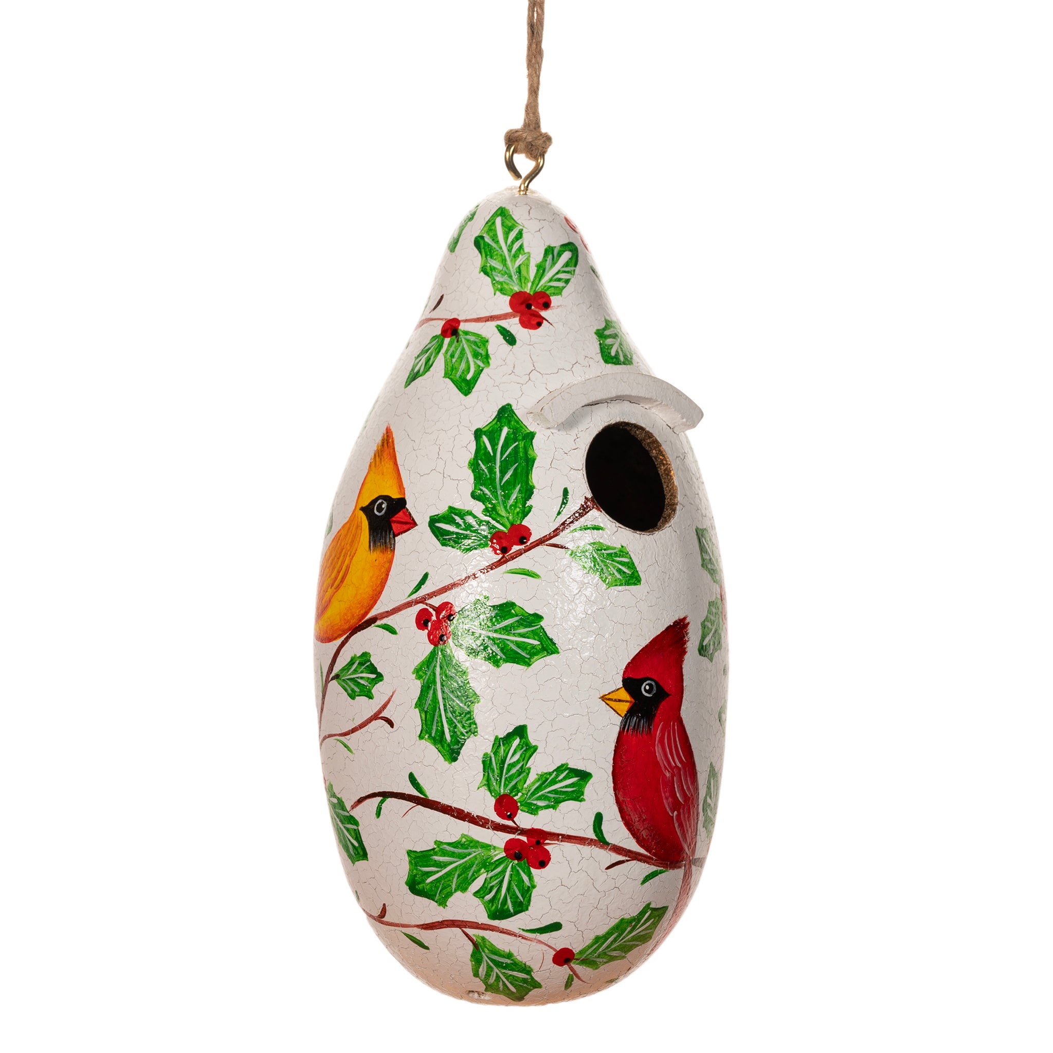 Winter Cardinal Pair - Painted Gourd Birdhouse