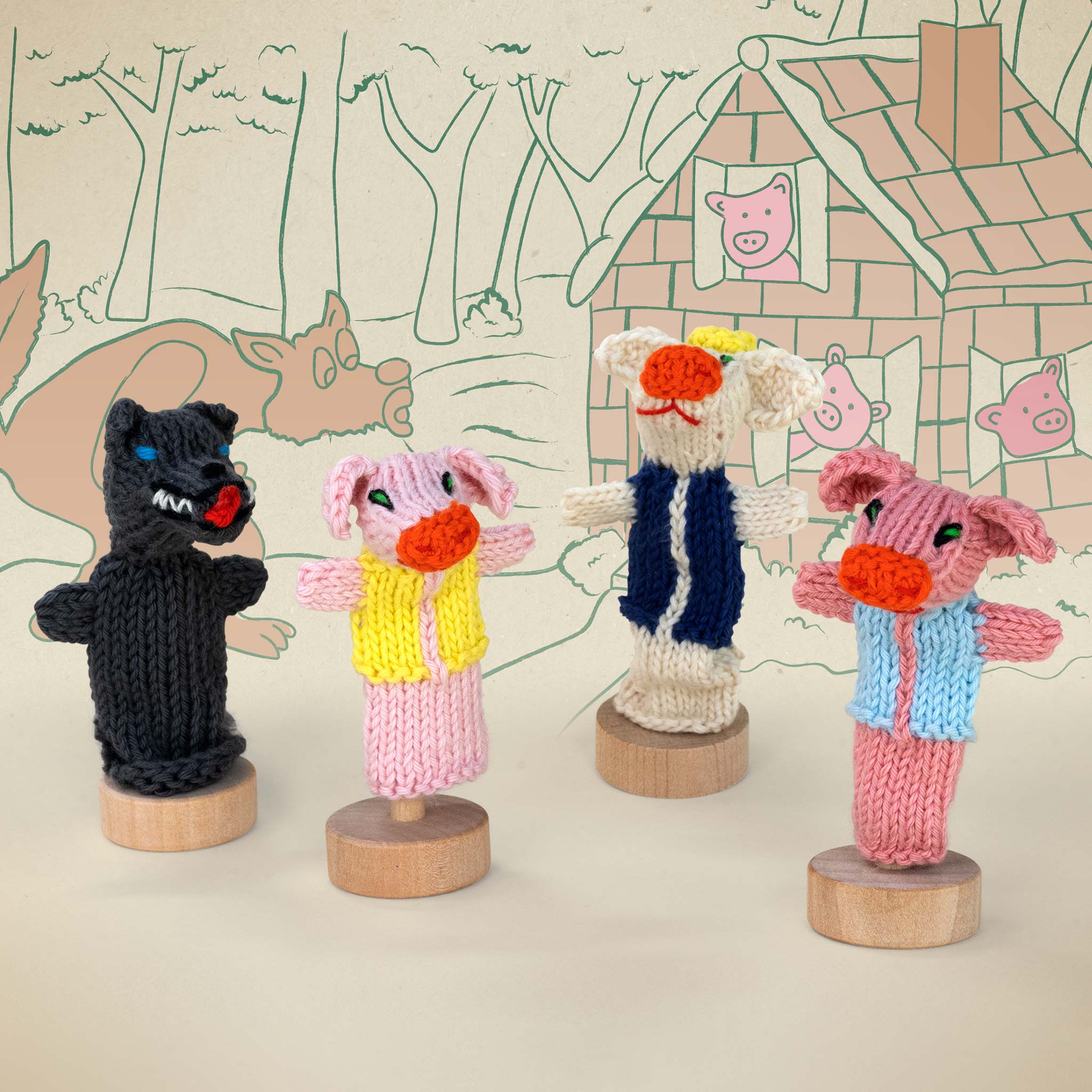 Three Little Pigs Story Pack of 4 - Organic Cotton Finger Puppets