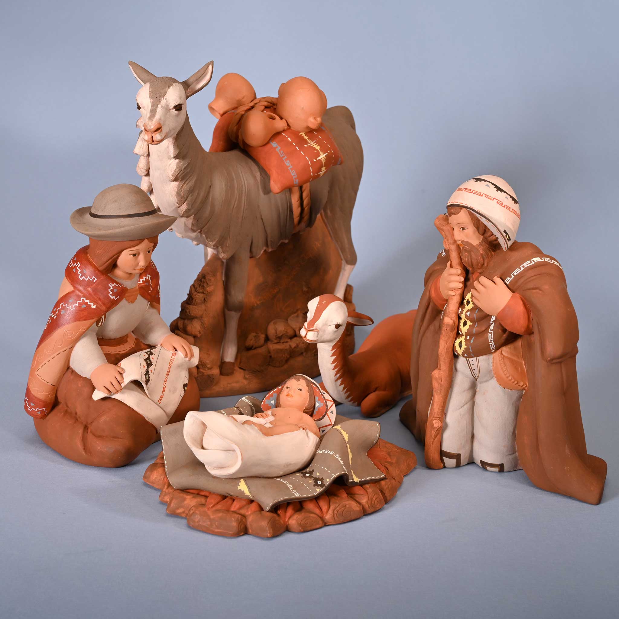 Holy Family and Llama - Fine Ceramic Nativity Set of 5 - 6.7"H