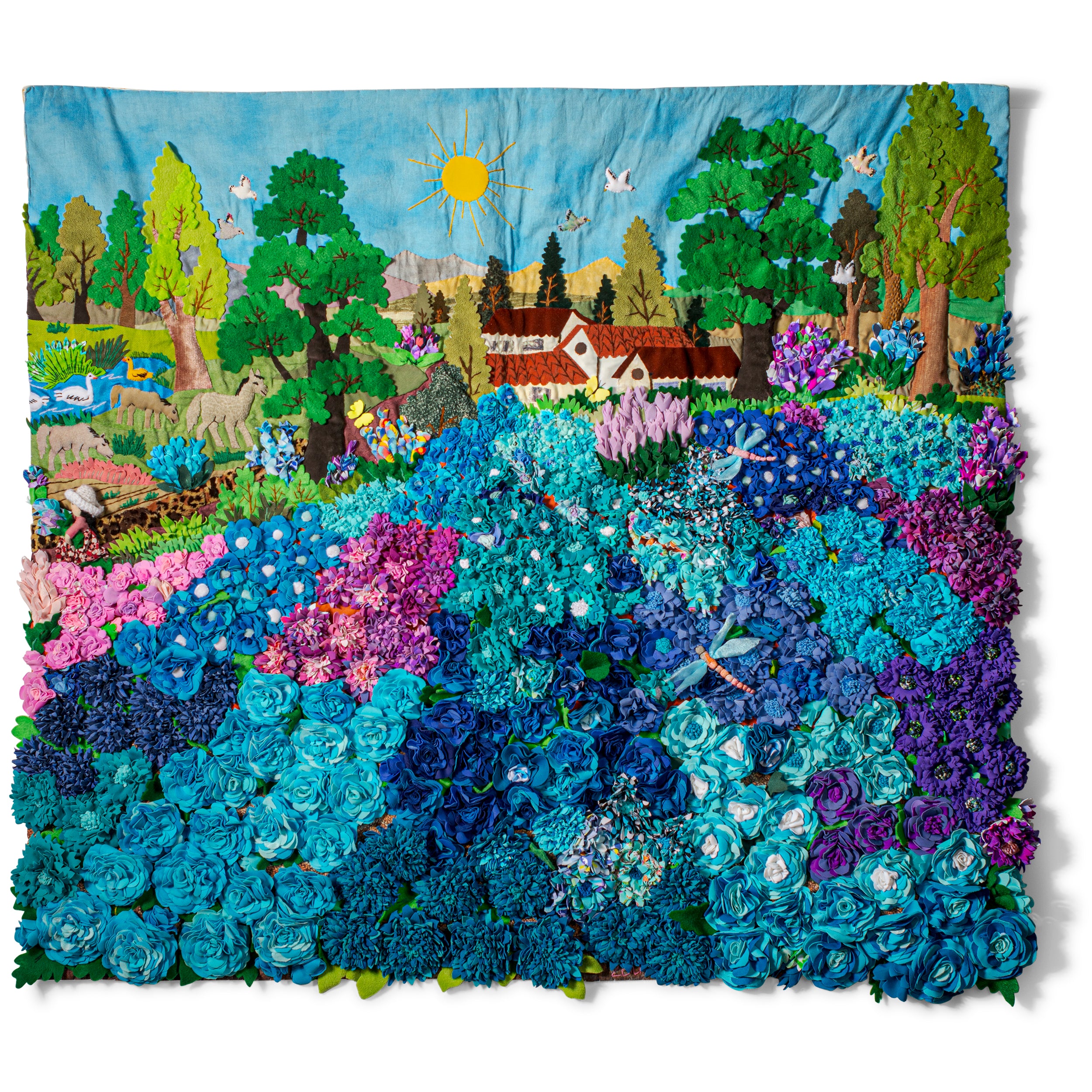 Dragonflies over Blue Flowers - Large 3-D Arpillera Art Quilt