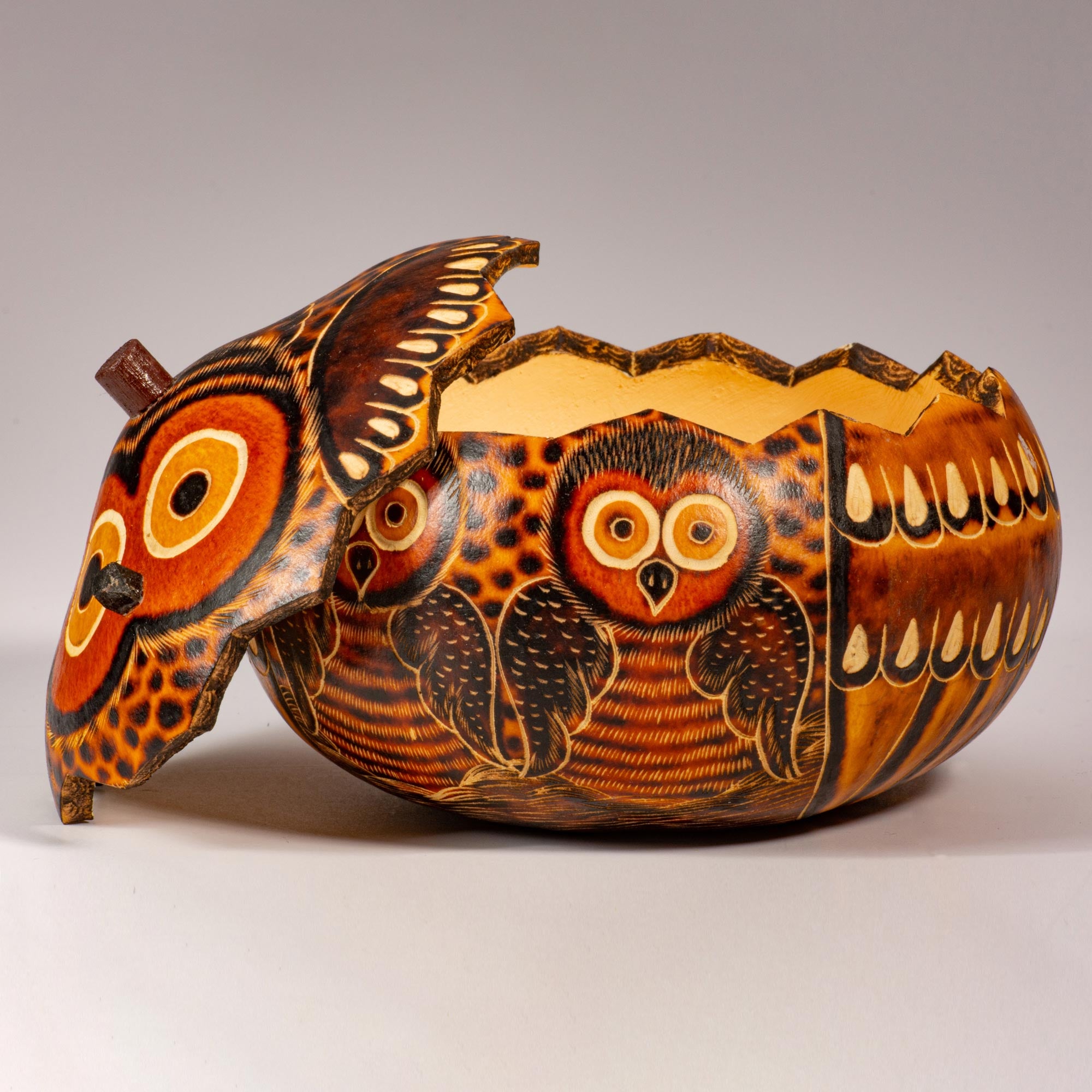 Owl Mom and Chick - Medium Carved Gourd Box