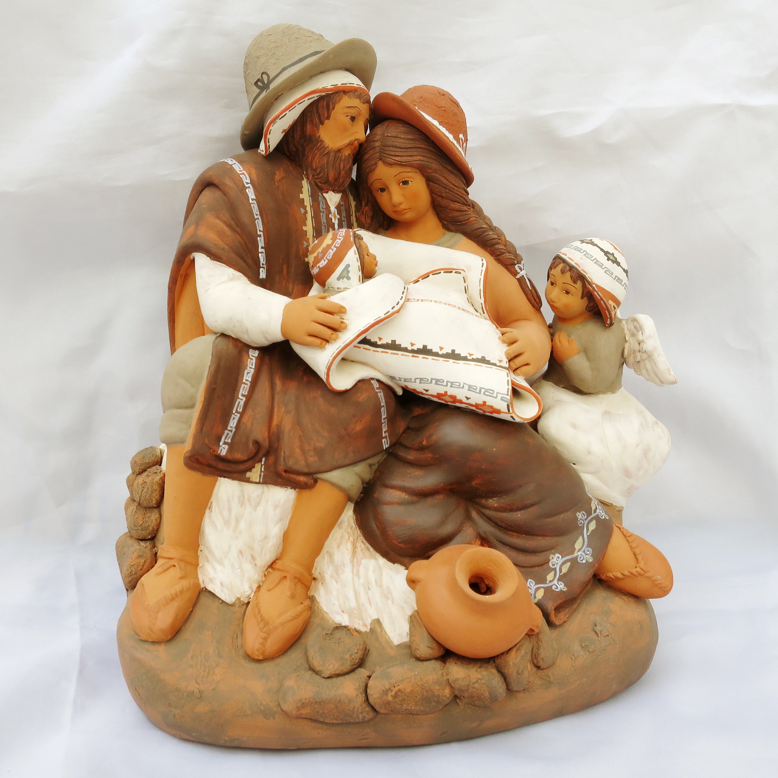 Holy Family & Angel - Fine Ceramic Nativity - 7.8" H - One Piece