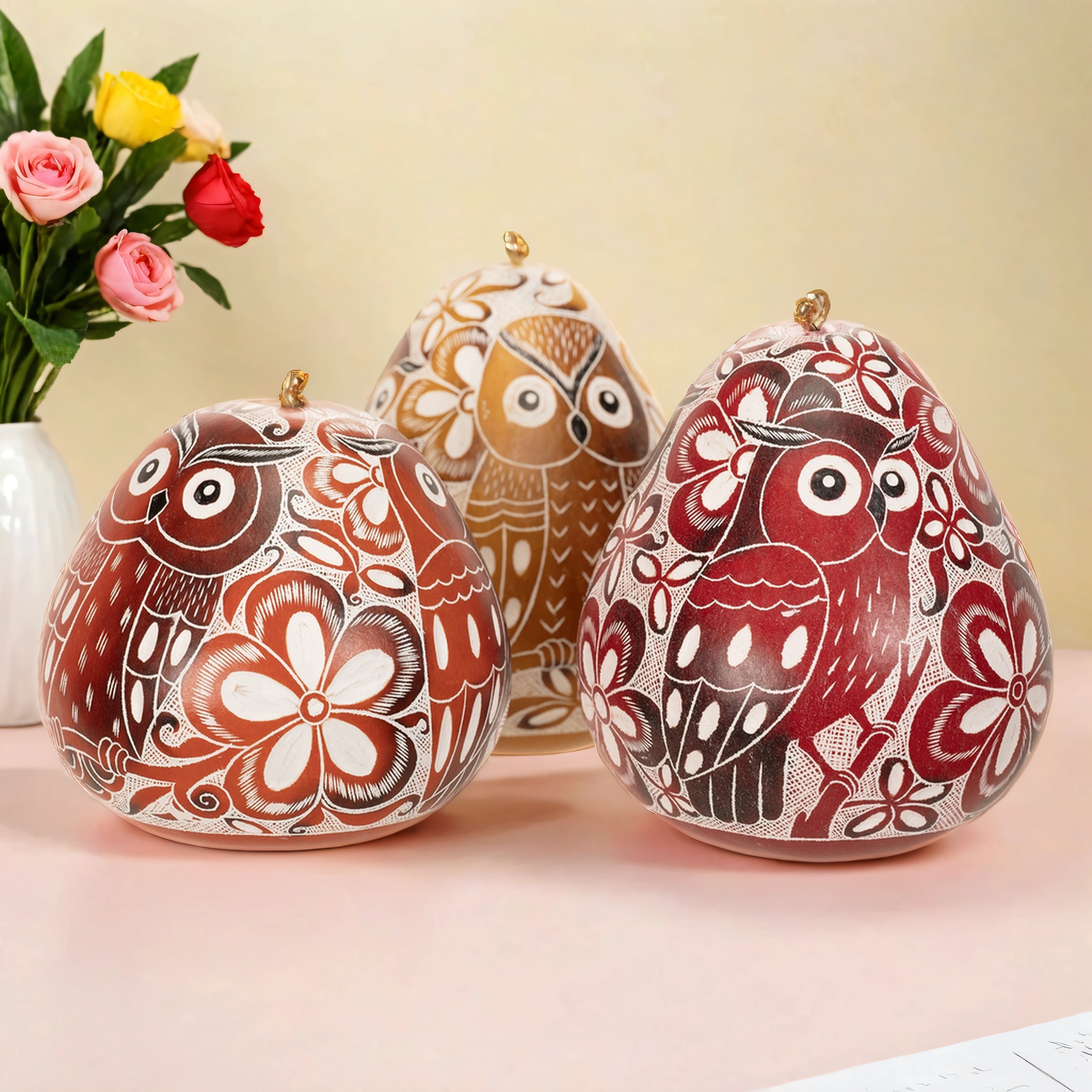 Owl Trio - Laced Bird Gourd Ornament