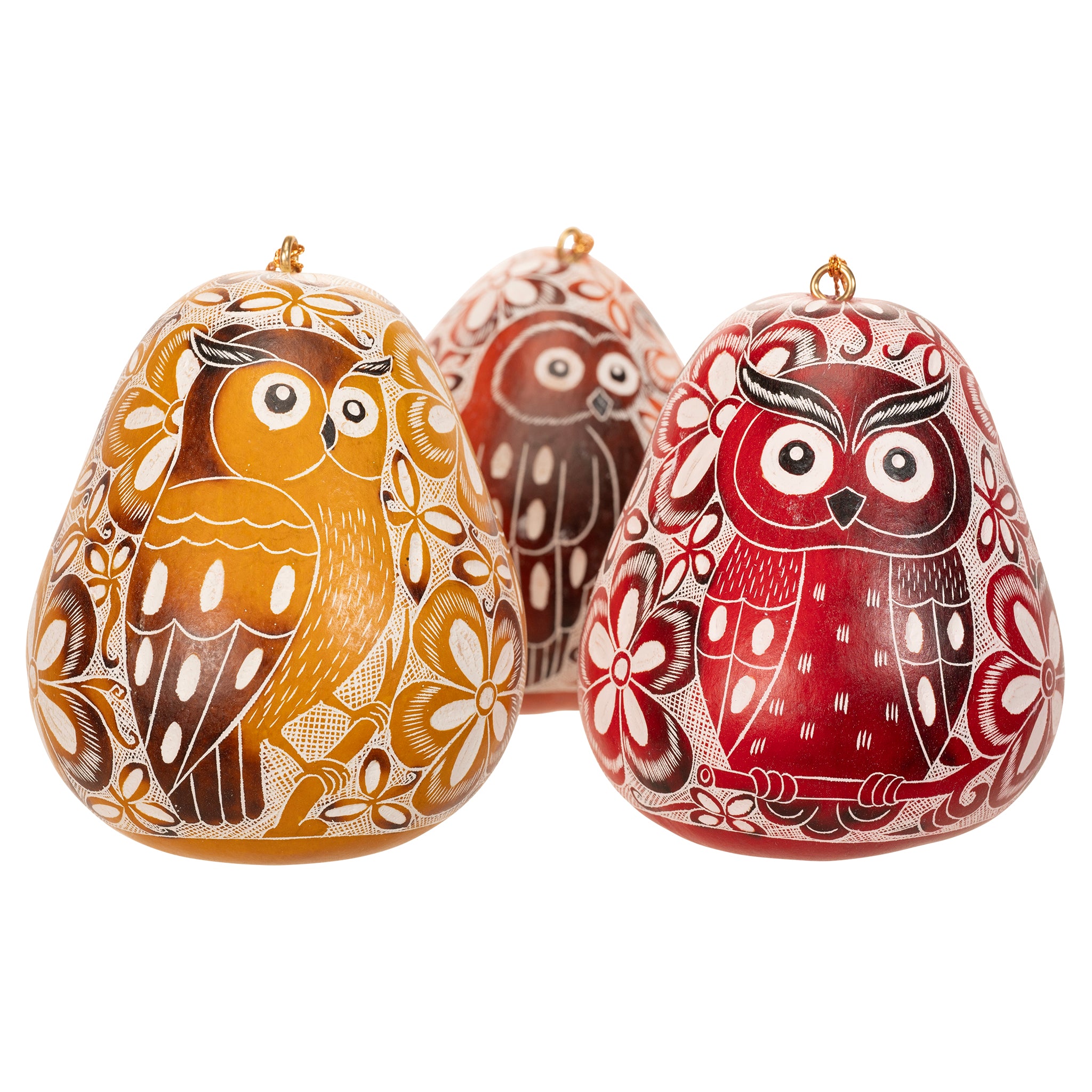 Owl Trio - Laced Bird Gourd Ornament