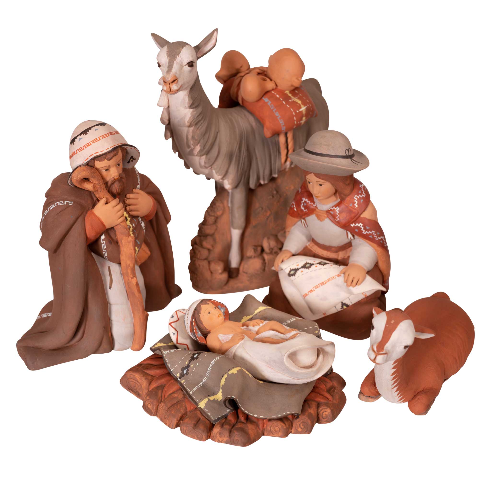 Holy Family and Llama - Fine Ceramic Nativity Set of 5 - 6.7"H