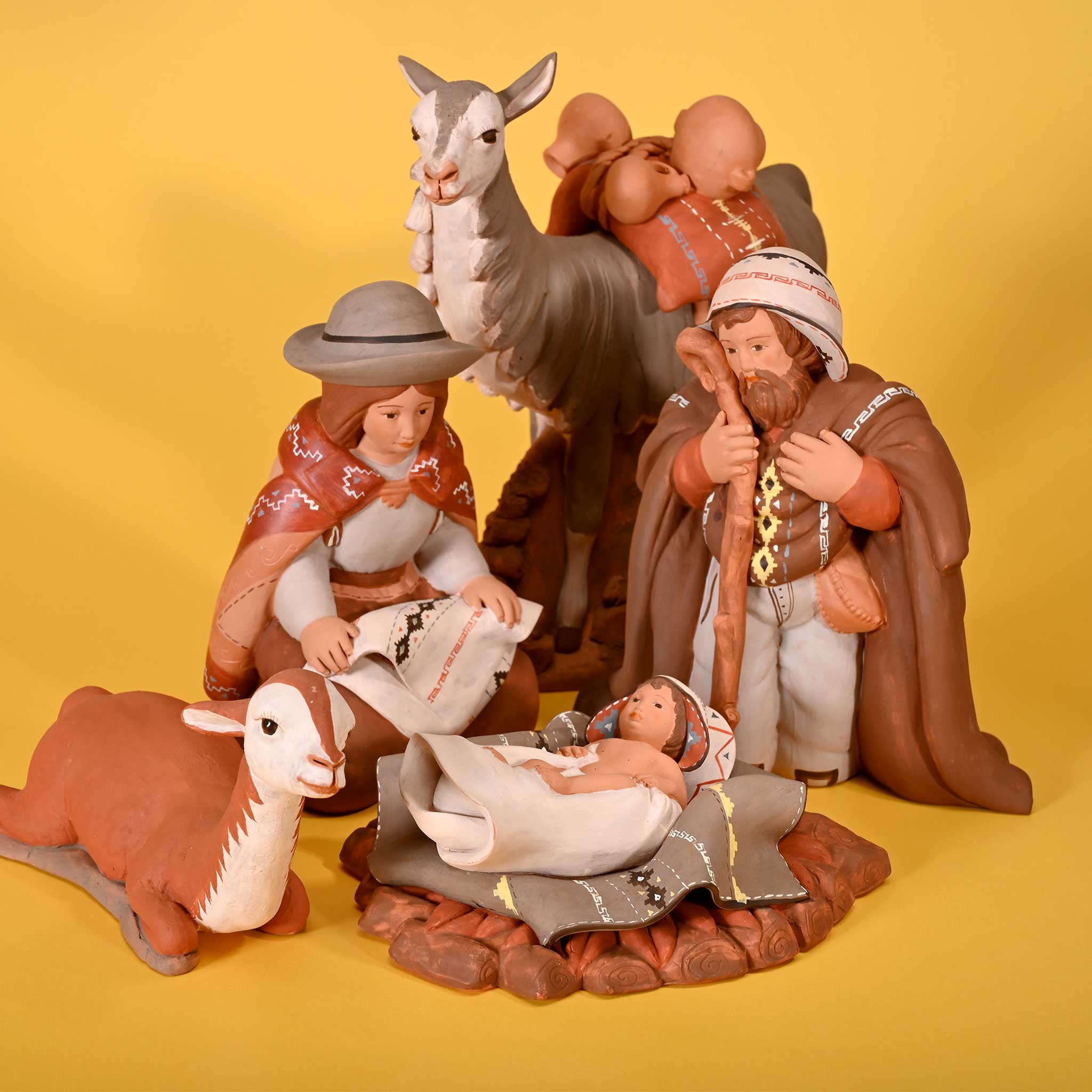 Holy Family and Llama - Fine Ceramic Nativity Set of 5 - 6.7"H