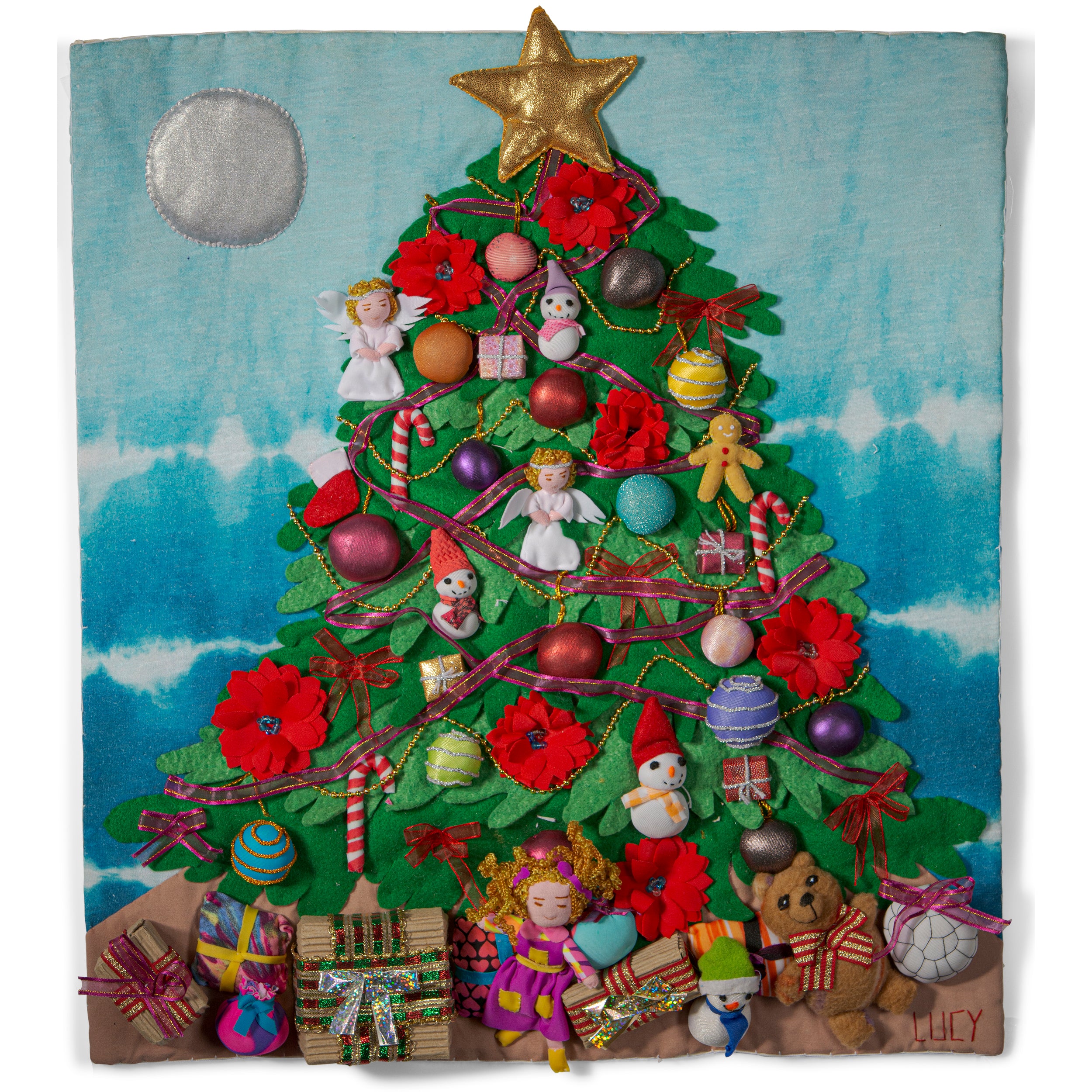 Christmas Tree 3-D Arpillera Art Quilt 20" x 17"