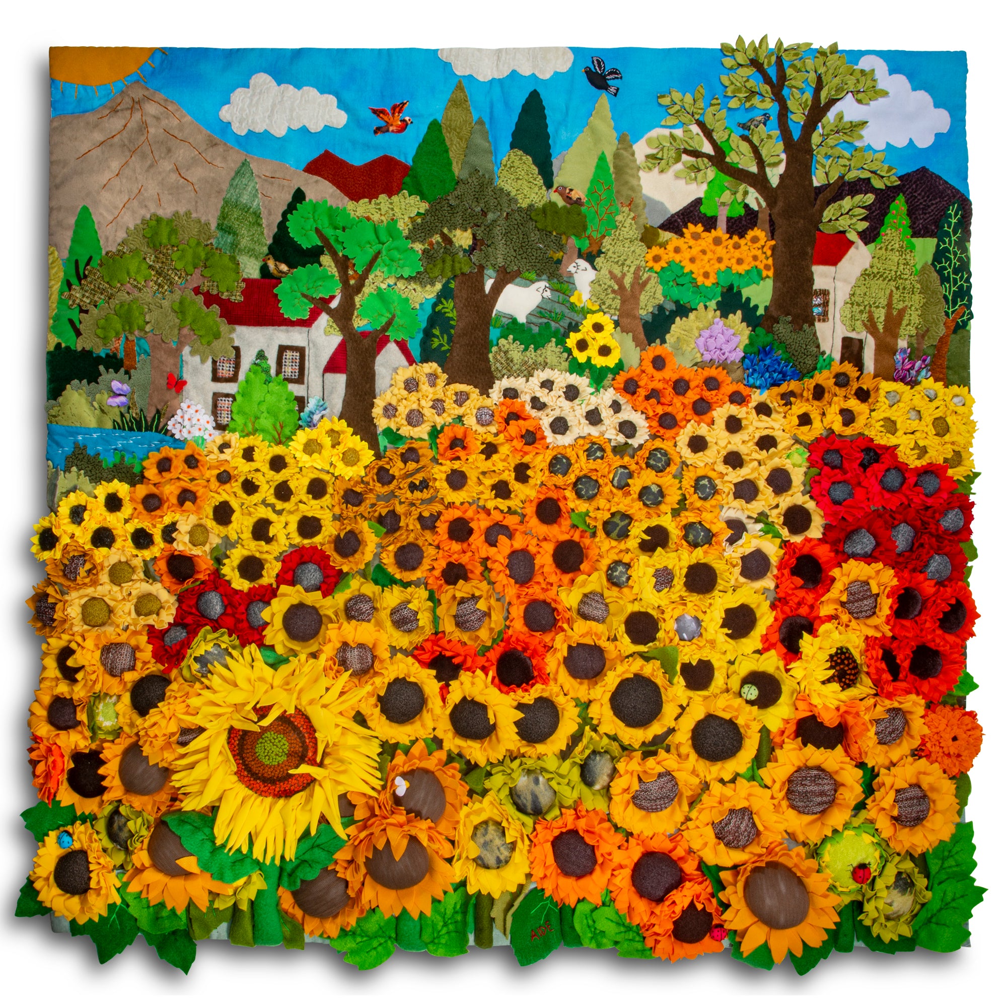 Sunflower Field - Square 36" 3-D Arpillera Art Quilt