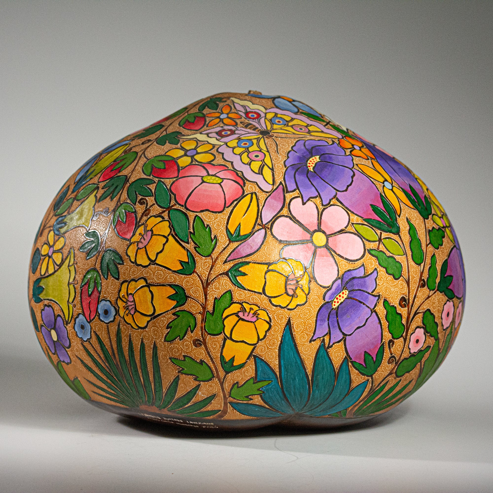Flowers and Butterflies - finely carved and painted gourd art